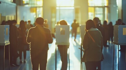 Voters at voting booths in a warmly lit polling station. Concept of active civic participation, democratic process, community election, and civic duty.
