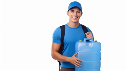 Happy man in blue attire with a water container. White background. Banner. Copy space. Concept of water delivery service, hydration supply, portable containers, and health.