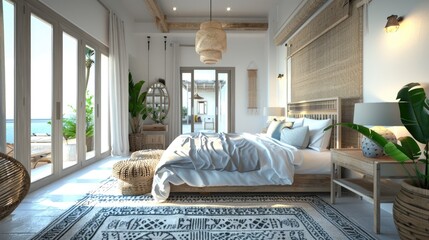 Natural Coastal Interior Bedroom Beautiful Example Of Modern Coastal Style Including A Soft Natural Color Palette, Natural Elements Cane Bed Blue And White Patterned Rug And White Nights House Design - obrazy, fototapety, plakaty