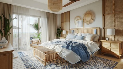Natural Coastal Interior Bedroom Beautiful Example Of Modern Coastal Style Including A Soft Natural Color Palette, Natural Elements Cane Bed Blue And White Patterned Rug And White Nights House Design