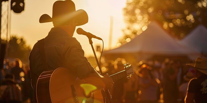 Country music festival with guitarist on stage wearing cowboy hat playing country western music