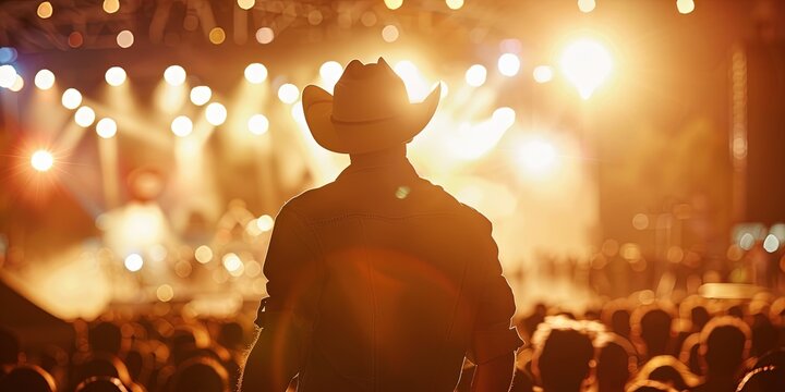 Country music festival with guitarist on stage wearing cowboy hat playing country western music