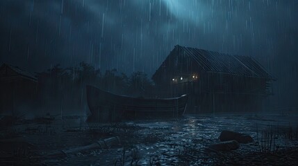 Noah'S Ark Amidst The Pouring Rain During The Flood - obrazy, fototapety, plakaty