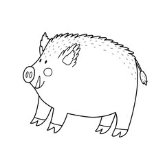 Cute black and white boar in cartoon style. Forest character for kids design in outline. Woodland animal. Vector illustration
