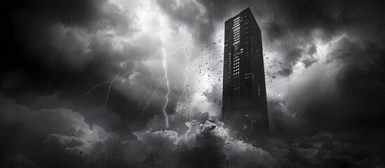 Skyscraper Standing Firm During Intense Storm, To convey a sense of power and strength in the face of danger and threat