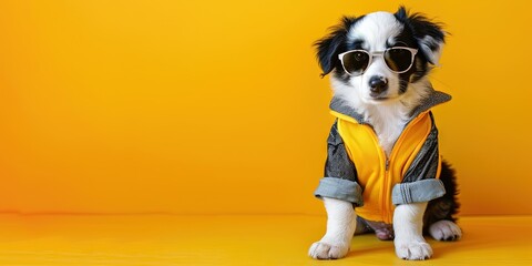 Border Collie Dog wearing sunglasses and trendy fashionable jacket on solid background with copy space
