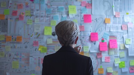Old Senior Manager Businesswoman Ideas Brainstorm Brief Checking Paper Note And Mind Map Diagram Note On White Board Business Strategy And Planing For Successful Business Project