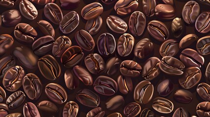 Coffee beans seamless pattern, vector background. Repeated dark brown texture for cafe menu, shop...