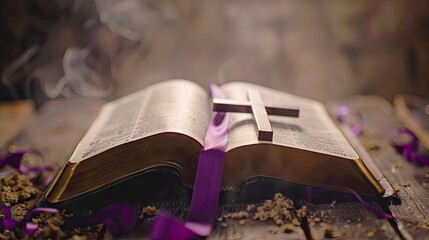 Open Bible With Purple Ribbon Bookmark On Ash Wednesday, Ash Cross Visible On The Page, Feeling Of Devotion And Quiet Reflection