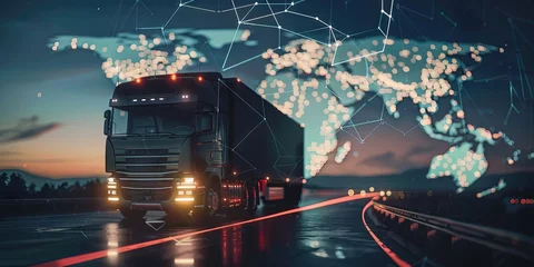 Foto op Canvas Semi-truck with cargo driving to transport delivery with digital data, mapping, and navigation concept background for supply chain and shipping industry © Brian