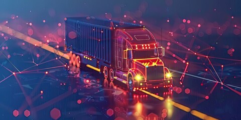 Semi-truck with cargo driving to transport delivery with digital data, mapping, and navigation concept background for supply chain and shipping industry - obrazy, fototapety, plakaty
