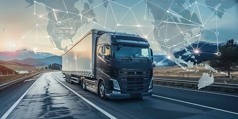 Semi-truck with cargo driving to transport delivery with digital data, mapping, and navigation concept background for supply chain and shipping industry - obrazy, fototapety, plakaty