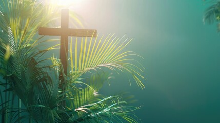 Palm Sunday. Cross And Palm Leaf With Copy Space. Christian Feast - obrazy, fototapety, plakaty