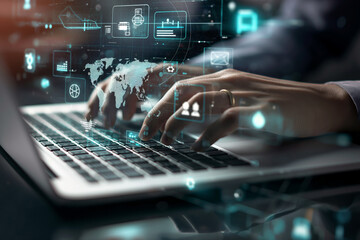 Close-up of a person's hands typing on a laptop keyboard. The scene is overlaid with graphics related to digital technology.