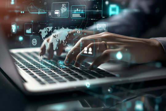 Close-up of a person's hands typing on a laptop keyboard. The scene is overlaid with graphics related to digital technology.