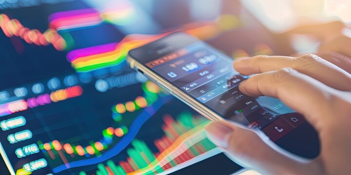 Hand holding smartphone with data and statistics - computer monitor in background with more market numbers. Investing and money concept