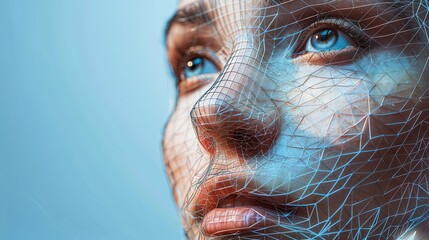 Woman's face with AI wireframe for artificial intelligence deepfakes and facial scanning concepts