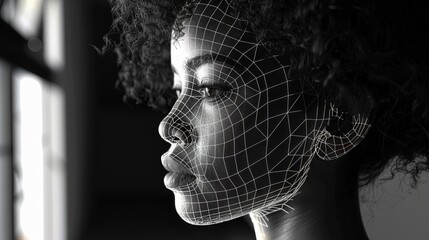 Woman's face with AI wireframe for artificial intelligence deepfakes and facial scanning concepts