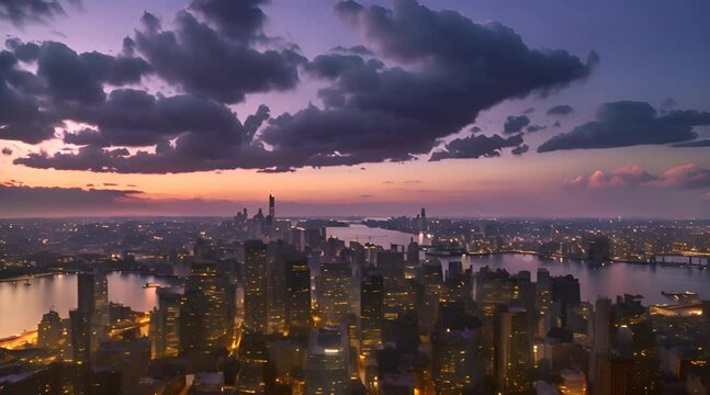 Sunset Panorama Over the Cityscape Building and River View, Evening Time Lapse Video