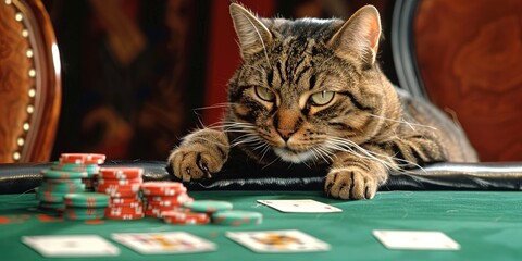 Fototapeta premium Cat playing poker with chips and cards in the casino - gambling concept