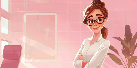 Professional businesswoman in pink office in modern animation style