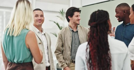 Meeting, welcome and business people with handshake in office for hiring, success or b2b thank you. Recruitment, deal and employee group shaking hands for crm, agreement or corporate networking event