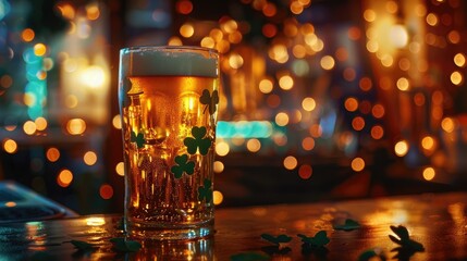 Pint Of Beer On Bar With Festive Clovers And Lights  Image