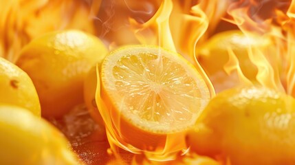 Flaming lemons in fire and heat close-up. AI generative. - obrazy, fototapety, plakaty
