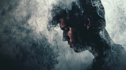 mental health awareness , a man in depression with smoke background, Self care, love, acceptance concept.Mental health issue, feeling of frustrated, anxiety, 13 may, 