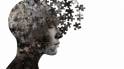 Obraz premium human head profile with jigsaw puzzle pieces falling, flying away on white background. Concept of brain disease and mental illness. 3D rendering