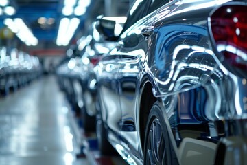 A row of shiny cars are on a conveyor belt in a factory