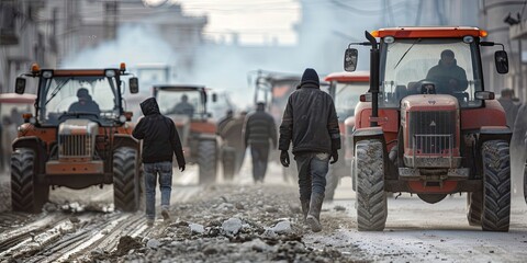 Farmers and agricultural workers protest by blocking the road with tractors 