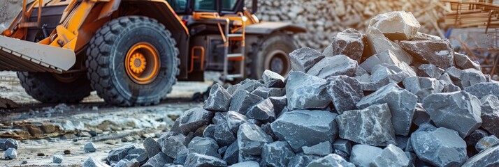 Forklift moving gravel and rocks in a construction site 