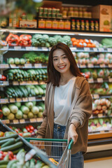 Woman shopping for groceries in market. A young woman with a shopping cart smiles in the fresh produce aisle of a grocery store, indicating health and lifestyle choices