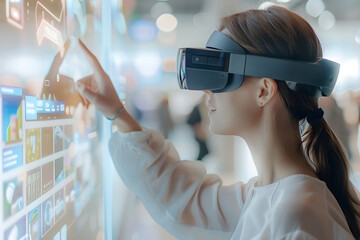 Metaverse futuristic concept, a woman using virtual reality headset to shop online. - obrazy, fototapety, plakaty