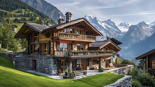 Swiss chalet nestled in the Alps, capturing the charm of Alpine architecture. Wooden house with steeply pitched roofs and mountains in background