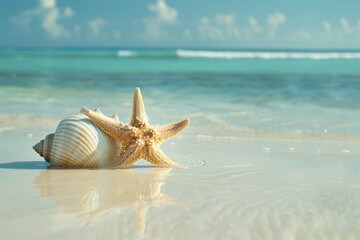 Photo of a starfish and conch shell on the beach Generative AI - obrazy, fototapety, plakaty