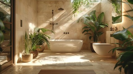 Interior of light bathroom with ceramic toilet bowl and houseplants