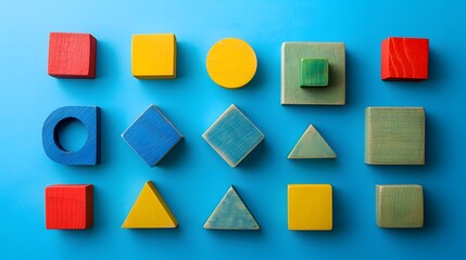 Fototapeta na wymiar Different colorful shapes wooden puzzle blocks on blue background. Geometric shapes in different colors. Top view