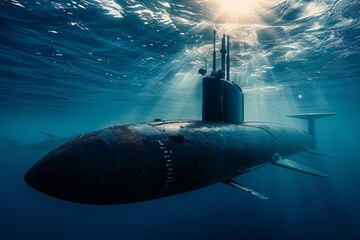 A large submarine is in the water, with the sun shining on it