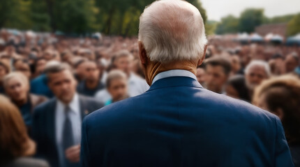 Democrat president stands tall amidst a sea of supporters at rally. Back view of presidential candidate in front of a crowd - obrazy, fototapety, plakaty