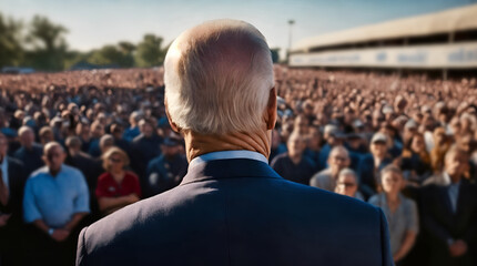 Democrat president stands tall amidst a sea of supporters at rally. Back view of presidential candidate in front of a crowd