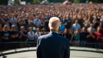 Democrat president stands tall amidst a sea of supporters at rally. Back view of presidential candidate in front of a crowd