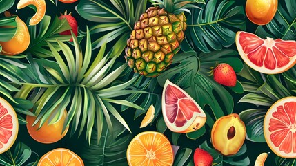 Tropical fruit and leaves seamless pattern