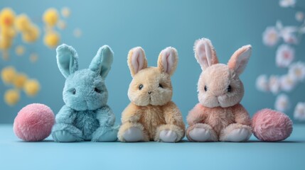 Obraz premium Cute stuffed Easter bunny toys isolated on blue background. Cute, adorable, fluffy. Easter holiday, bunny. Pastel color tones.