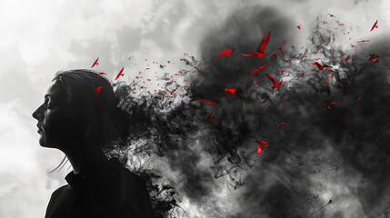 mental health awareness , black and white sad girl with red birds flying around her head, Self care, love, acceptance concept.Mental health issue, feeling of frustrated, anxiety, 13 may,  - obrazy, fototapety, plakaty