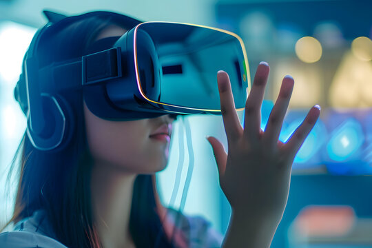 Young student is wearing virtual reality headset for online learning