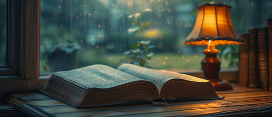 an open thick book lying on a light brown wooden table near the window with a soft glow warm light from the table lamp