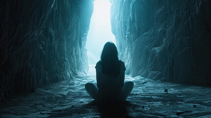 Fototapeta premium mothers day or women day art of lady in depression in a cave like prison , Self care, love, acceptance concept.Mental health issue, feeling of frustrated, anxiety. 