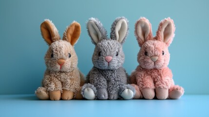 Fototapeta premium Cute stuffed Easter bunny toys isolated on blue background. Cute, adorable, fluffy. Easter holiday, bunny. Pastel color tones.